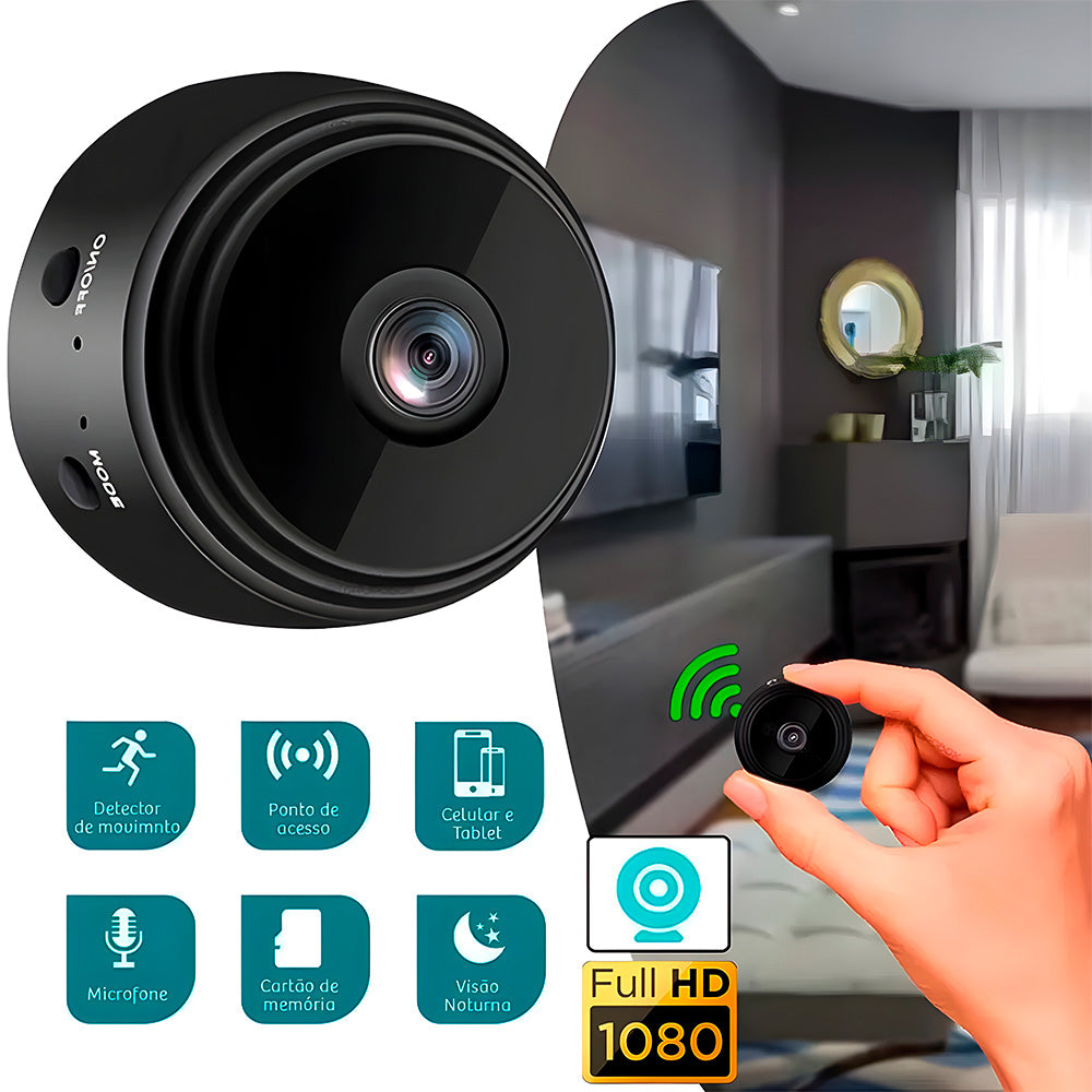 Mini Câmera de Segurança HD A9, Wi-Fi 1080P HD, Grava em Cartão de Memória, Visão Noturna, Preto